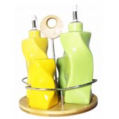 Set Of 4 Ceramic bottles with Wooden Base  Green -